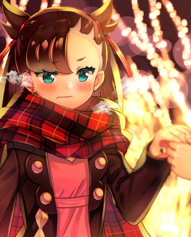 2girls, asymmetrical_bangs, blurry, blush, bokeh, brown_hair, closed_mouth, commentary_request, depth_of_field, dress, earrings, eyelashes, green_eyes, hair_ribbon, hand_up, holding_hands, jacket, jewelry, komomomito, marnie_(pokemon), multiple_girls, nail_polish, open_clothes, open_jacket, outdoors, pink_dress, plaid, plaid_scarf, pokemon, pokemon_(game), pokemon_swsh, red_ribbon, ribbon, scarf, solo_focus, upper_body, wavy_mouth, yuri