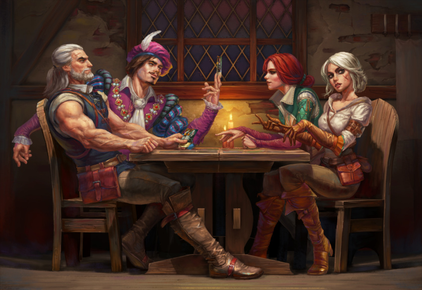 2boys, 2girls, beard, belt, boots, brown_footwear, brown_gloves, brown_hair, candle, chair, ciri, commentary, english_commentary, facial_hair, geralt_of_rivia, gloves, hat, highres, indoors, julian_alfred_pankratz, medium_hair, multiple_boys, multiple_girls, nikita_volobuev, on_chair, purple_headwear, redhead, sitting, sleeveless, table, the_witcher_(series), triss_merigold, white_hair