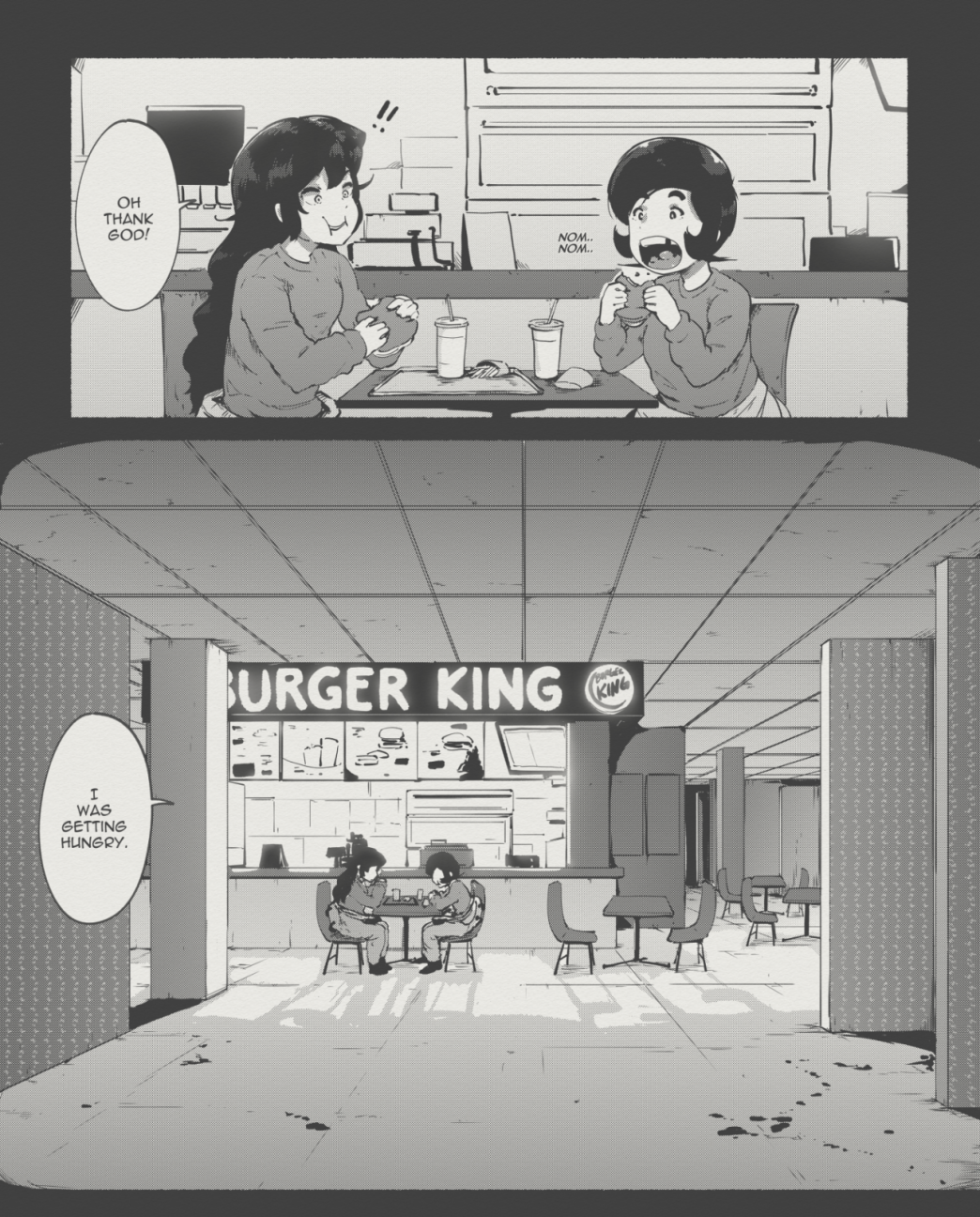 2girls, backrooms_(creepypasta), burger, burger_king, cash_register, chair, commentary, cup
