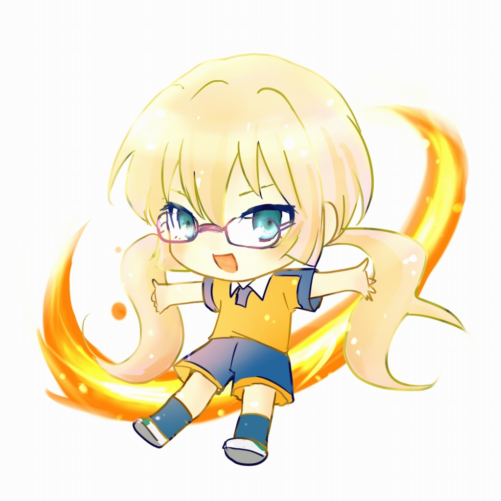 1boy, blonde_hair, blue_eyes, blue_shorts, blue_socks, chibi, collared_shirt, fire, glasses, hair_between_eyes, inazuma_eleven_(series), inazuma_eleven_go, kirino_ranmaru, kirino_ranmaru_(mixi_max_jeanne_d'arc), male_focus, no_nose, official_alternate_hair_color, open_mouth, orange_shirt, otoko_no_ko, outstretched_arms, purple-framed_eyewear, shirt, short_sleeves, shorts, soccer_uniform, socks, sportswear, spread_arms, twintails, white_background, white_footwear, yukashi1030