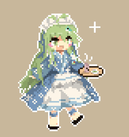 1girl, apron, black_footwear, blue_dress, blush, commentary, dress, floral_print