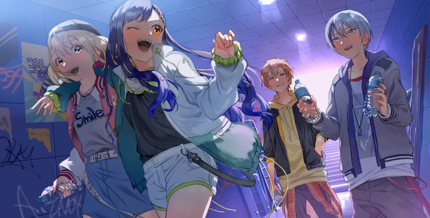 2boys, 2girls, aoyagi_touya, arm_around_shoulder, azusawa_kohane, baseball_cap, belt, black_hair
