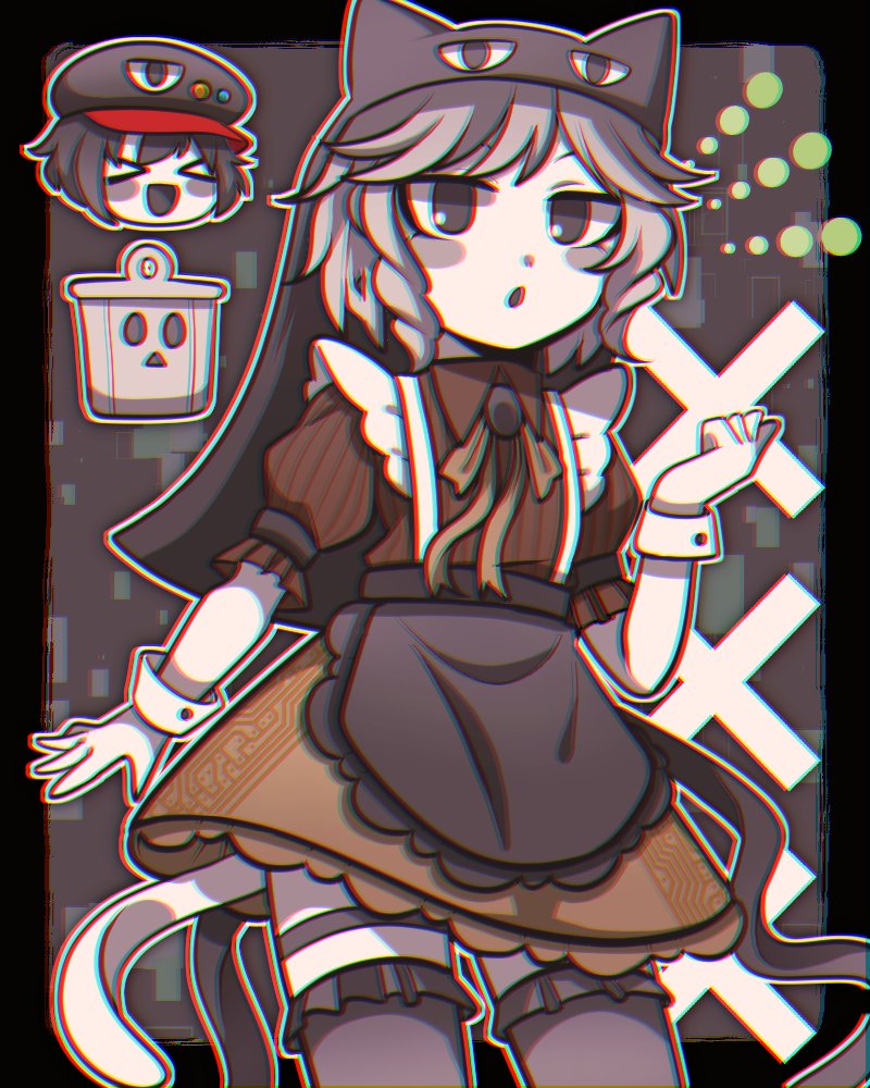>_<, 1jumangoku, 3others, :o, alternate_costume, animal_hat, apron, arm_up