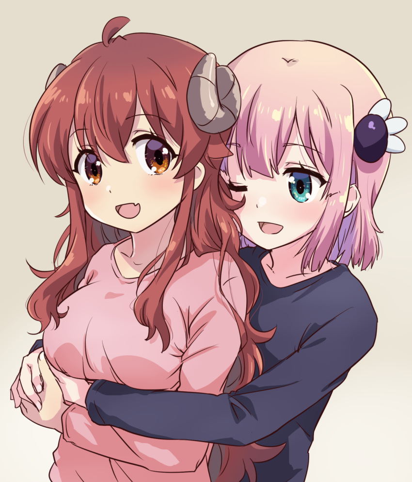 2girls, ahoge, breasts, brown_eyes, brown_hair, chiyoda_momo, demon_girl, demon_horns