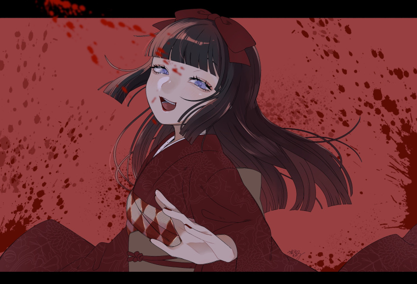 1girl, black_hair, blood, blood_splatter, blue_eyes, blunt_bangs, blunt_ends, blurry, blurry_foreground, bow, chakai_sakako, commentary_request, floating_hair, floral_print, from_side, hair_bow, half-closed_eyes, hand_up, highres, hime_cut, ichimatsu_suzuka, indie_virtual_youtuber, japanese_clothes, kimono, letterboxed, long_sleeves, looking_at_viewer, looking_to_the_side, obi, obijime, open_mouth, outside_border, print_kimono, red_background, red_bow, red_kimono, red_nails, sash, sidelocks, simple_background, smile, solo, upper_body, virtual_youtuber, wide_sleeves