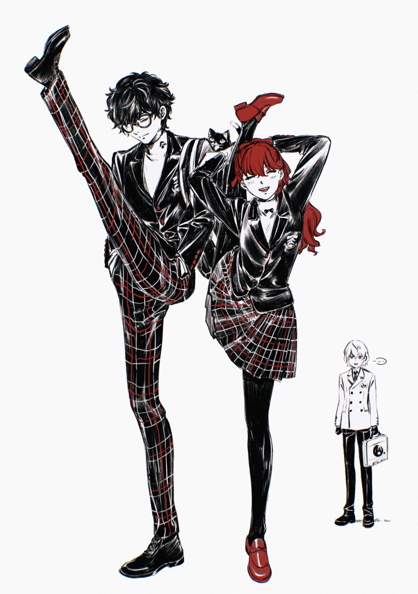 ..., 1girl, 2boys, absurdres, akechi_gorou, amamiya_ren, black_footwear, black_hair