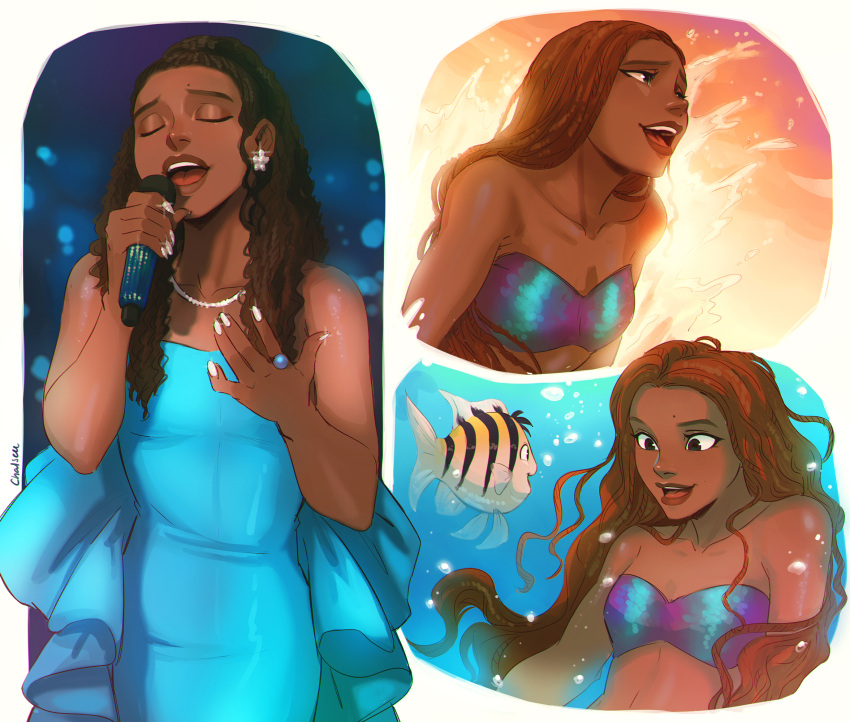 1girl, ariel_(disney), bare_shoulders, blue_dress, brown_hair, bubble, chalseu, closed_eyes