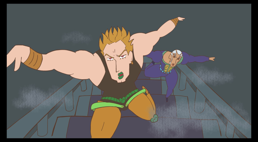 2boys, bare_shoulders, blonde_hair, crayon_shin-chan, crayon_shin-chan:_adventure_in_henderland, dark-skinned_male, dark_skin, dio_brando