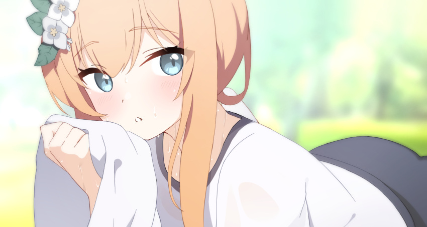 1girl, blue_archive, blue_eyes, blush, comorebi, flower, gym_uniform, hair_flower
