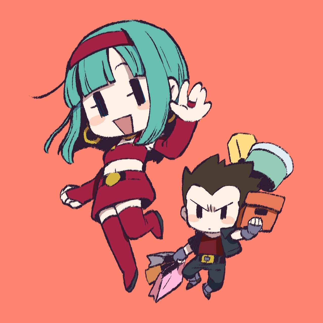 1boy, 1girl, aqua_hair, box, bra_(dragon_ball), chibi, dragon_ball, dragon_ball_gt