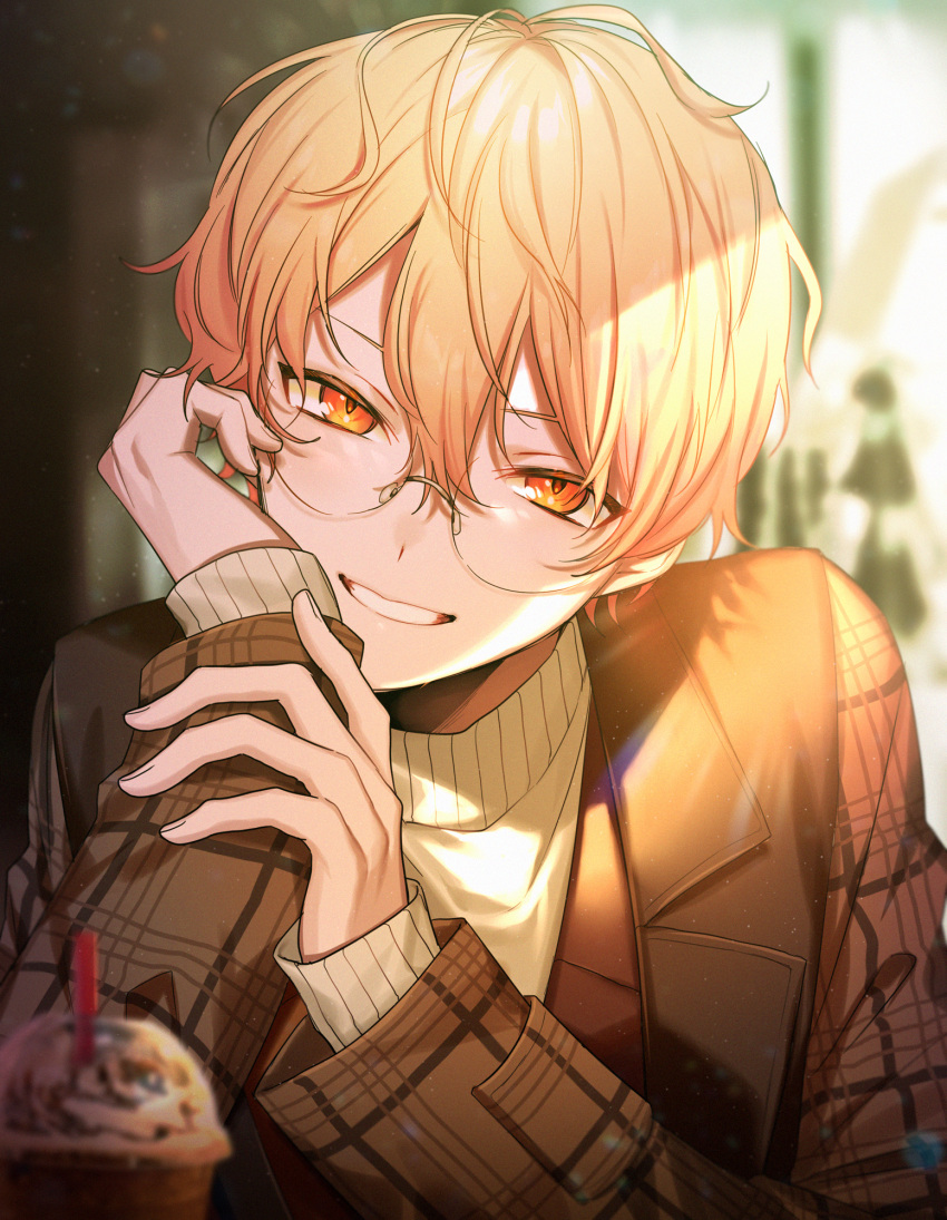 1boy, bespectacled, blonde_hair, blurry, blurry_background, brown_coat, brown_jacket, chanms