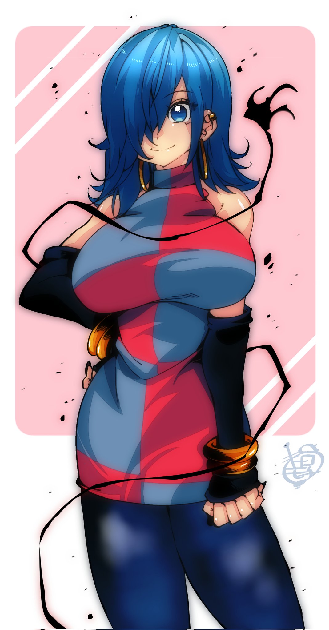 1girl, android_21, black_pants, blue_dress, checkered_clothes, cosplay, dragon_ball, dress
