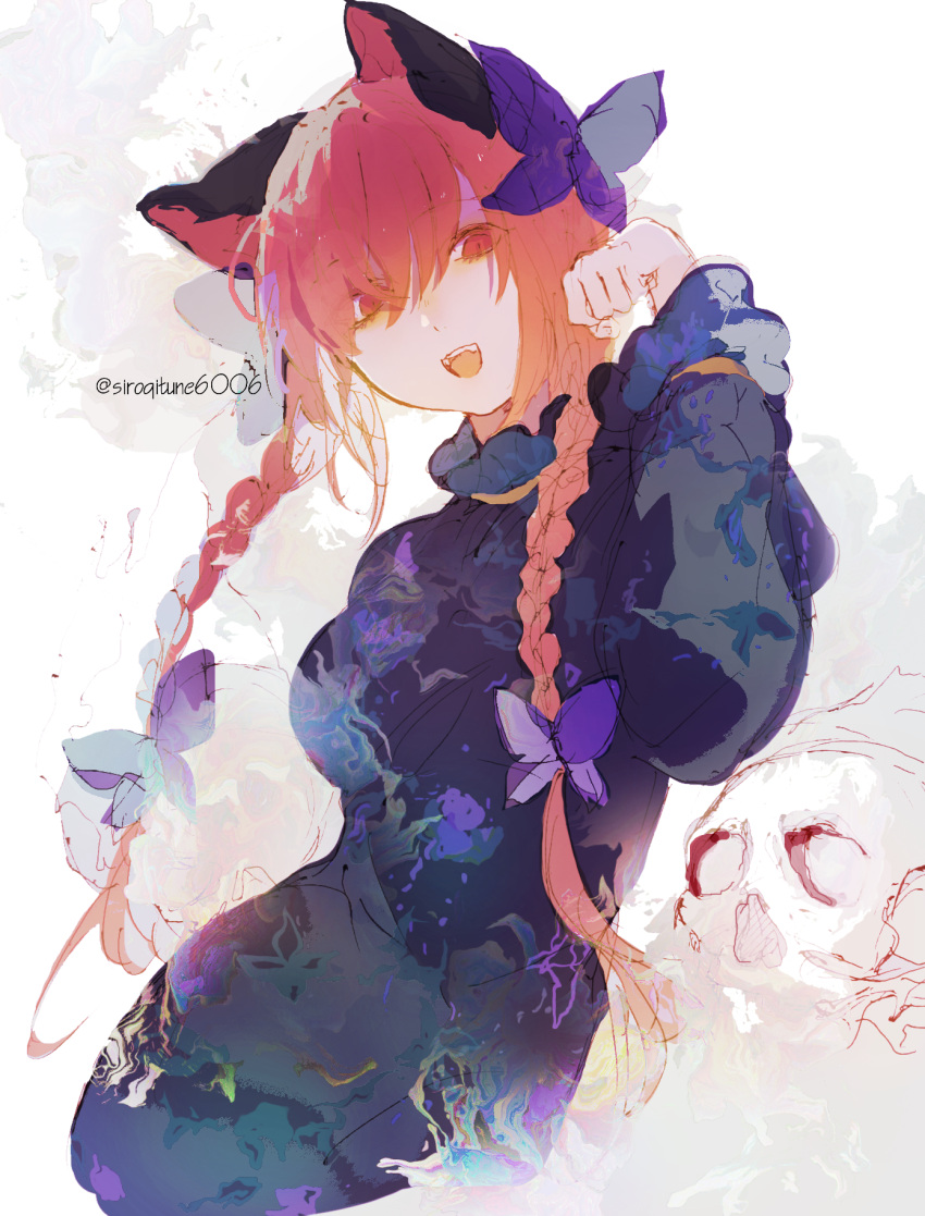 1girl, animal_ears, artist_name, black_bow, blue_bow, blush, bow, braid