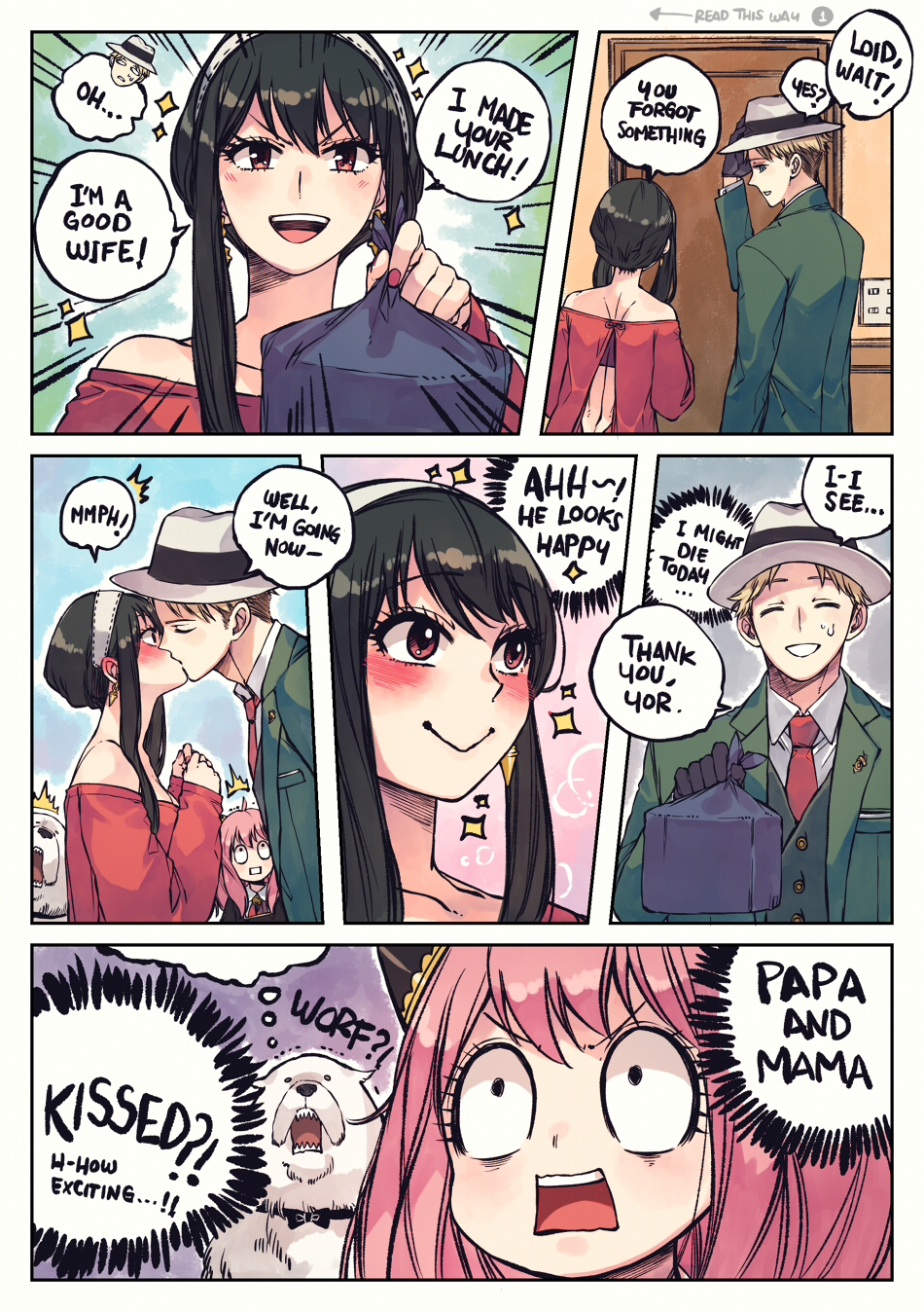 1boy, 2girls, anya_(spy_x_family), black_hair, blonde_hair, bond_(spy_x_family), comic, dog, english_text, father_and_daughter, fedora, hat, hetero, highres, husband_and_wife, kiss, lunchbox, mother_and_daughter, multiple_girls, pink_hair, right-to-left_comic, rusky, speech_bubble, spy_x_family, surprised, thought_bubble, twilight_(spy_x_family), yor_briar