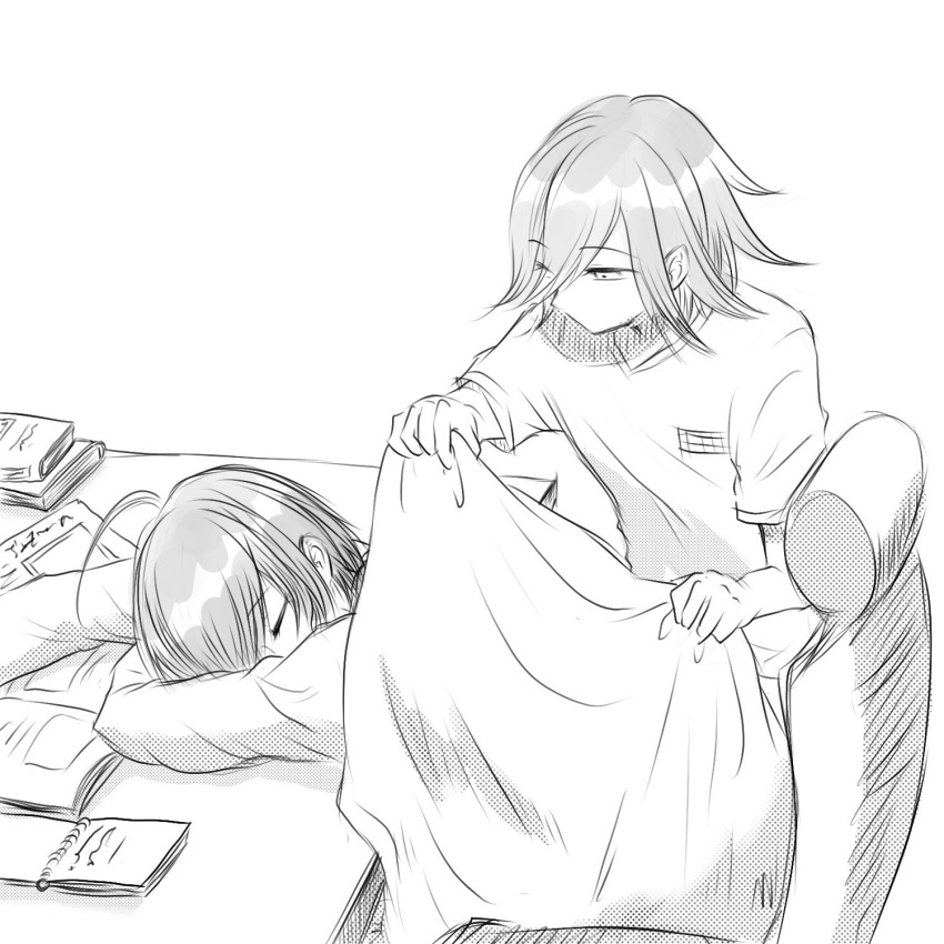 ahoge, alternate_costume, blanket, chair, danganronpa_(series), danganronpa_v3:_killing_harmony, desk, flipped_hair