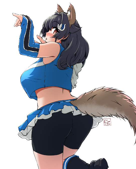 1girl, animal_ears, bike_shorts, bike_shorts_under_skirt, black_hair, blue_shirt, blue_skirt, breasts