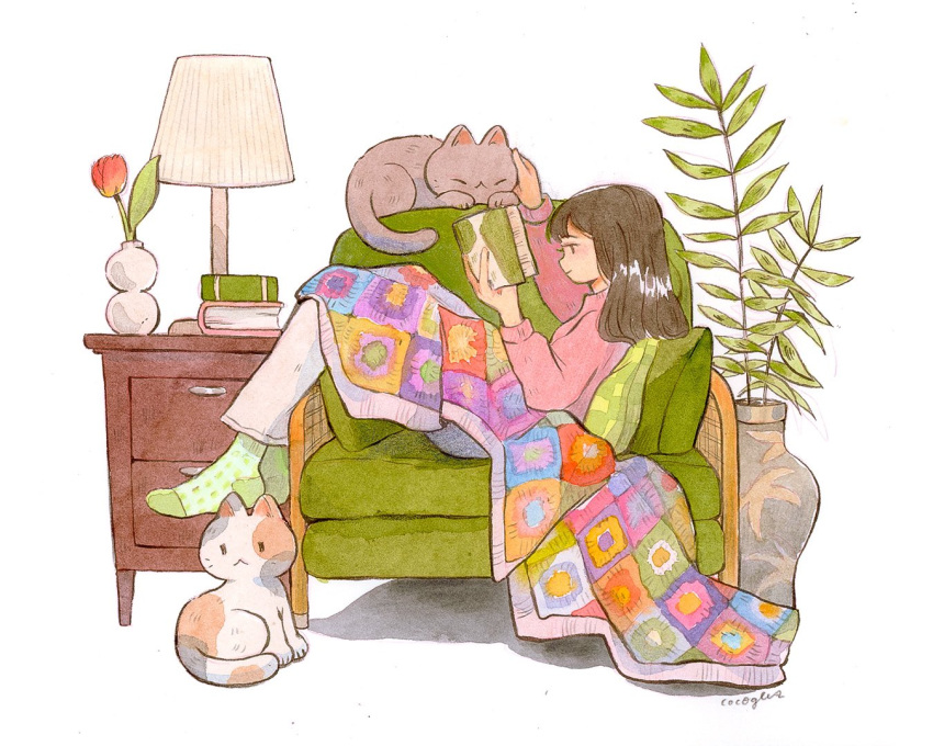1girl, animal, arms_up, artist_name, black_hair, book, calico, cat
