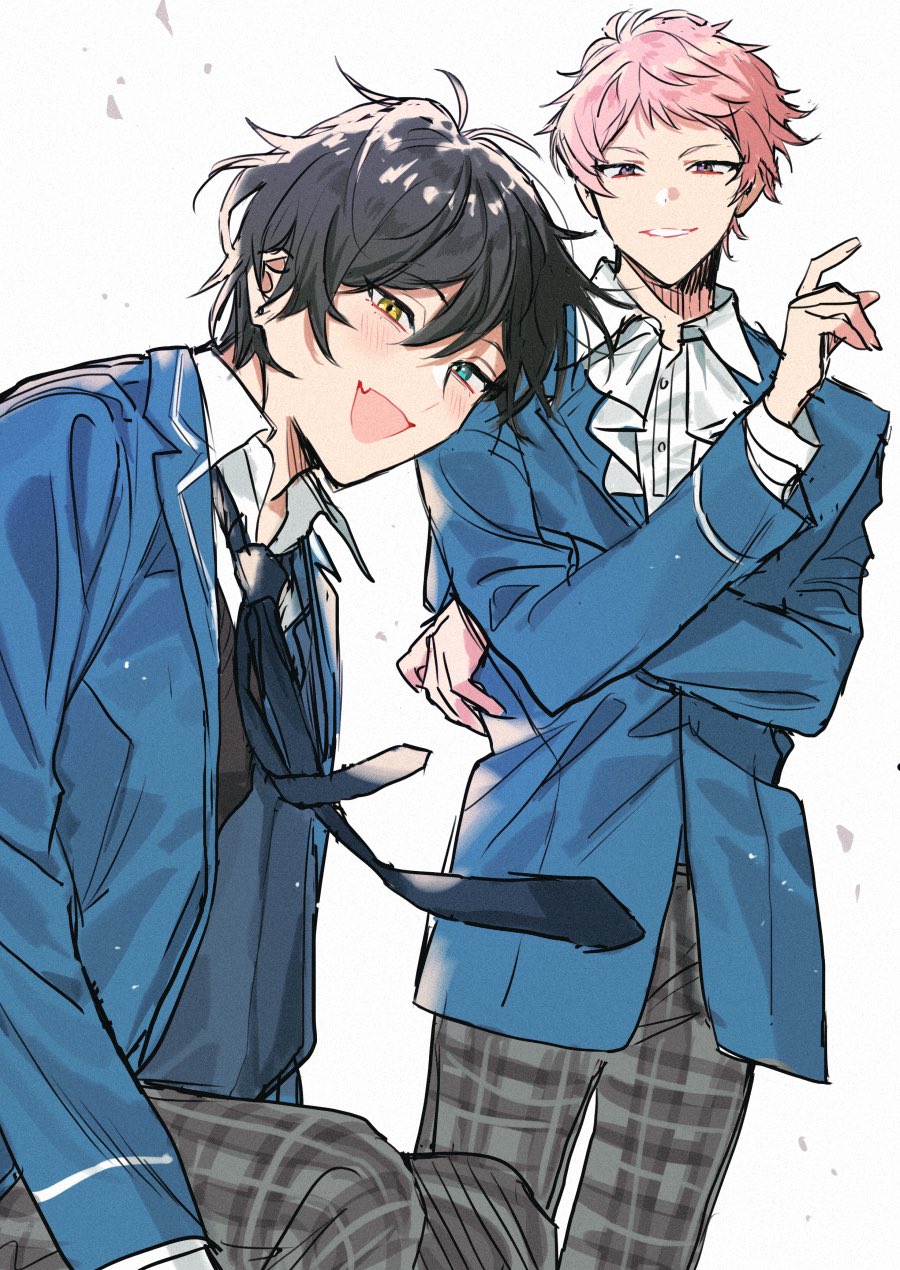 2boys, aqua_eyes, black_hair, blazer, blue_necktie, collared_shirt, commentary, ensemble_stars!, frills, hair_between_eyes, heterochromia, highres, itsuki_shu, jacket, kagehira_mika, lapels, long_sleeves, looking_at_viewer, male_focus, multiple_boys, necktie, open_clothes, open_jacket, open_mouth, pants, pink_hair, plaid, plaid_pants, school_uniform, shirt, short_hair, sweater_vest, teeth, valkyrie_(ensemble_stars!), violet_eyes, wani_(mezo), white_background, white_shirt, yellow_eyes, yumenosaki_school_uniform