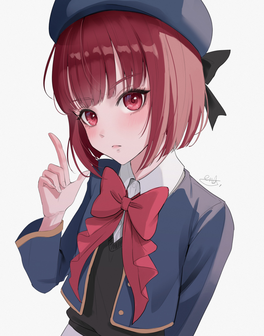 1girl, absurdres, aendi_en_d_endei, arima_kana, artist_name, beret, black_bow, black_sweater_vest