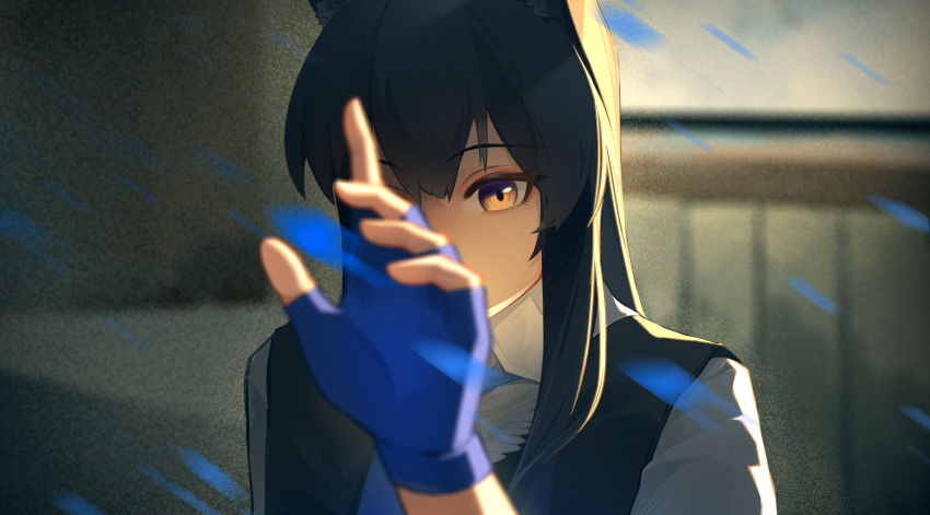 1girl, absurdres, animal_ear_fluff, arknights, backlighting, black_hair, black_vest, blue_necktie, blurry, blurry_foreground, depth_of_field, fingerless_gloves, gloves, hand_up, highres, leiroken, long_hair, looking_at_viewer, necktie, orange_eyes, shirt, sidelocks, solo, tail, texas_(arknights), texas_the_omertosa_(arknights), upper_body, vest, white_shirt, wolf_tail