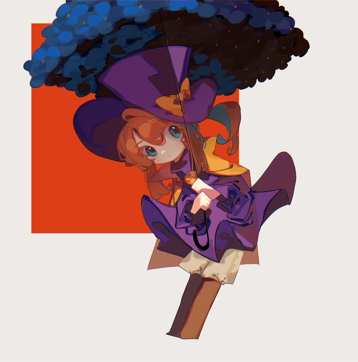 1girl, a_hat_in_time, blue_eyes, brown_footwear, brown_hair, cape, hat_kid, nasubeen, pants, purple_headwear, purple_shirt, ribbon, shirt, simple_background, umbrella, white_pants, yellow_cape, yellow_ribbon