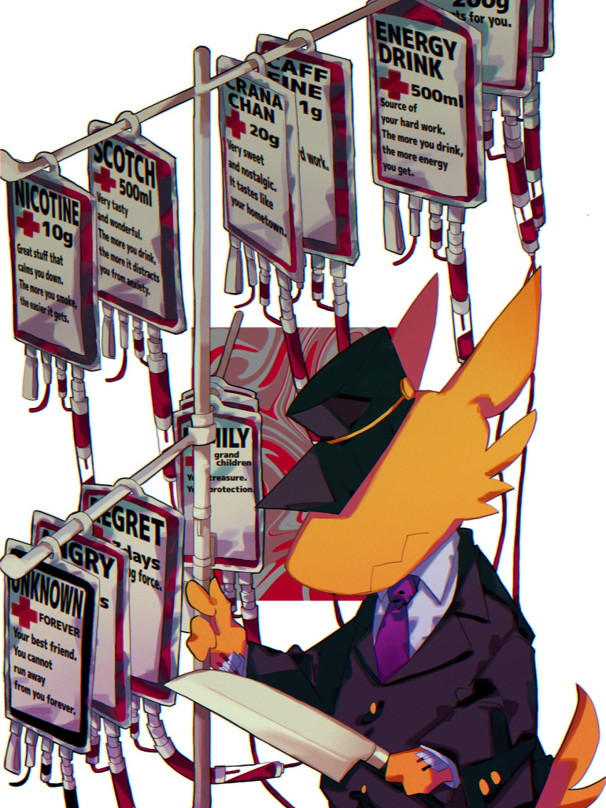 1boy, a_hat_in_time, black_headwear, buttons, closed_mouth, conductor_(a_hat_in_time), highres, machete