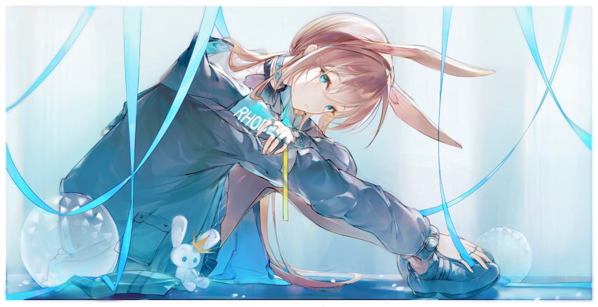 1girl, amari, amiya_(arknights), animal_ears, arknights, ascot, black_ascot, black_footwear