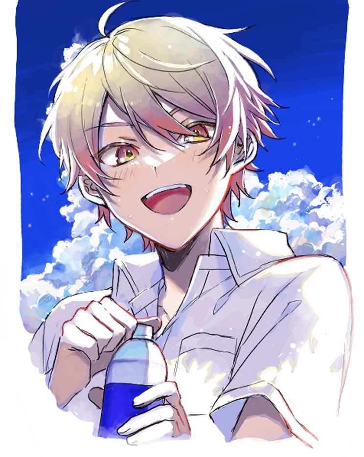 1boy, :d, blue_sky, bottle, breast_pocket, chanms, clouds, collared_shirt