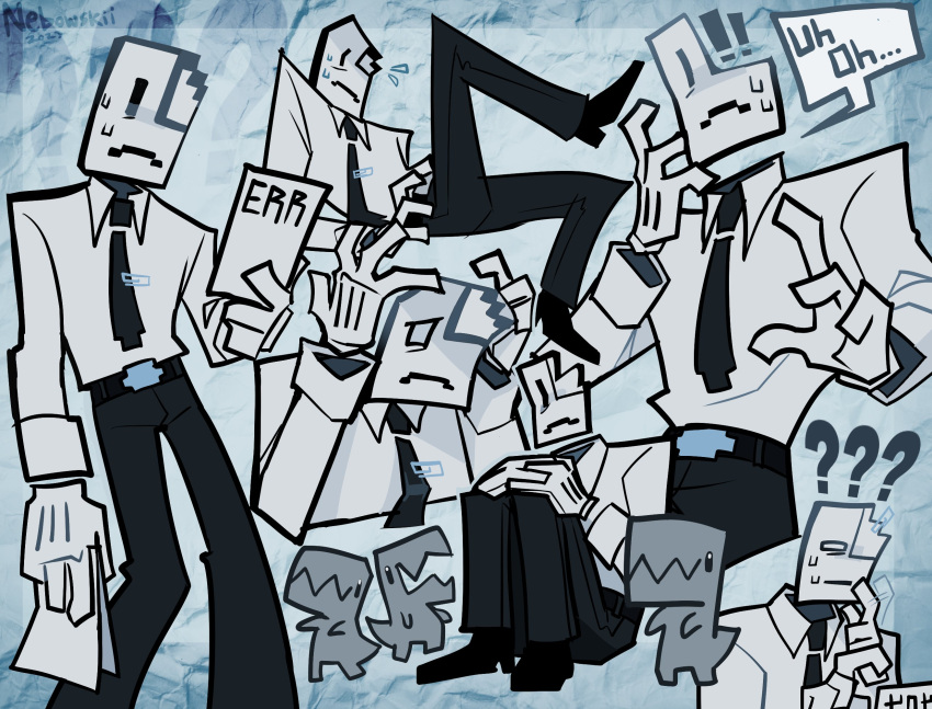 !, !!, 1other, ?, ??, black_necktie, black_pants, collage, dinosaur, error, full_body, highres, holding, holding_paper, humanization, long_sleeves, nebowskii, necktie, original, pants, paper, shirt, signature, speech_bubble, sweatdrop, white_shirt