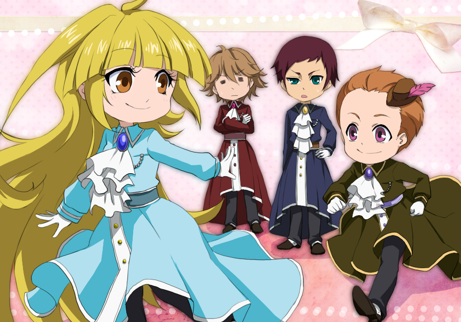 1girl, 3boys, ahoge, black_pants, blonde_hair, blue_dress, blunt_bangs, brown_eyes