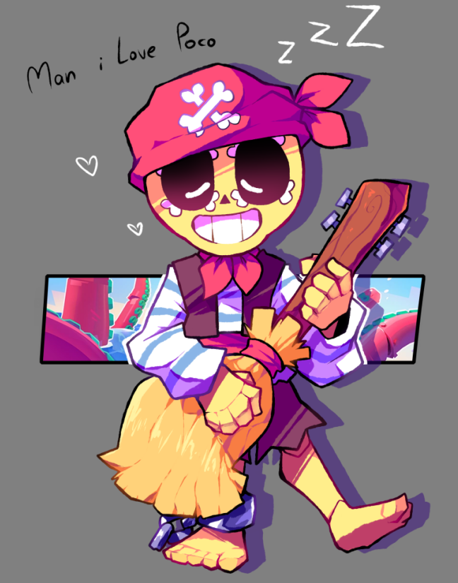 1boy, brawl_stars, broom, chain, closed_eyes, english_text, pirate, pirate_costume, pirate_poco, poco_(brawl_stars), red_ribbon, ribbon, sir_koi, skeleton, sleepy, smile, solid_eyes, undead
