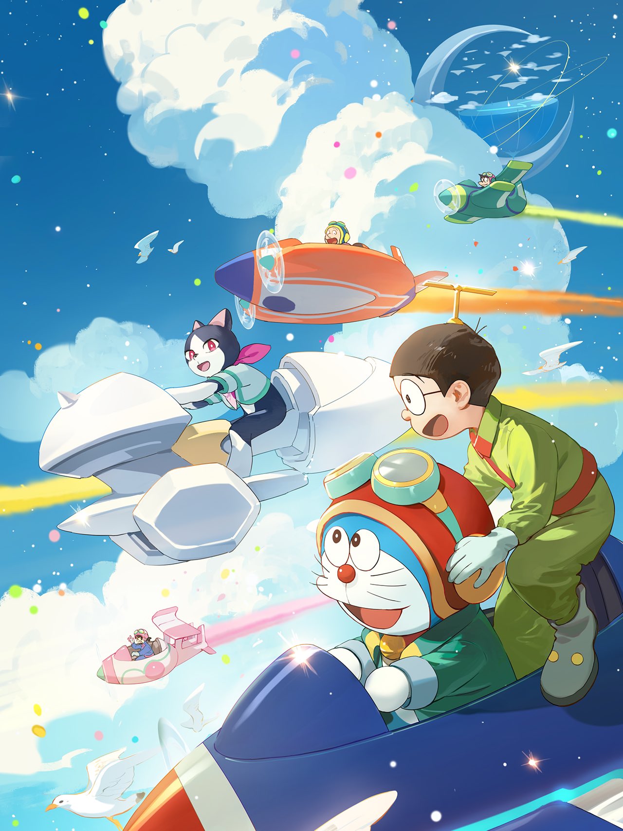 1girl, 1other, 4boys, aircraft, airplane, cat, character_request, clouds