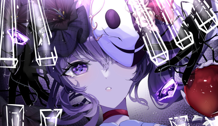 aoitenziku, apple, asahina_mafuyu, black_flower, commentary, covered_eyes, crystal, flower