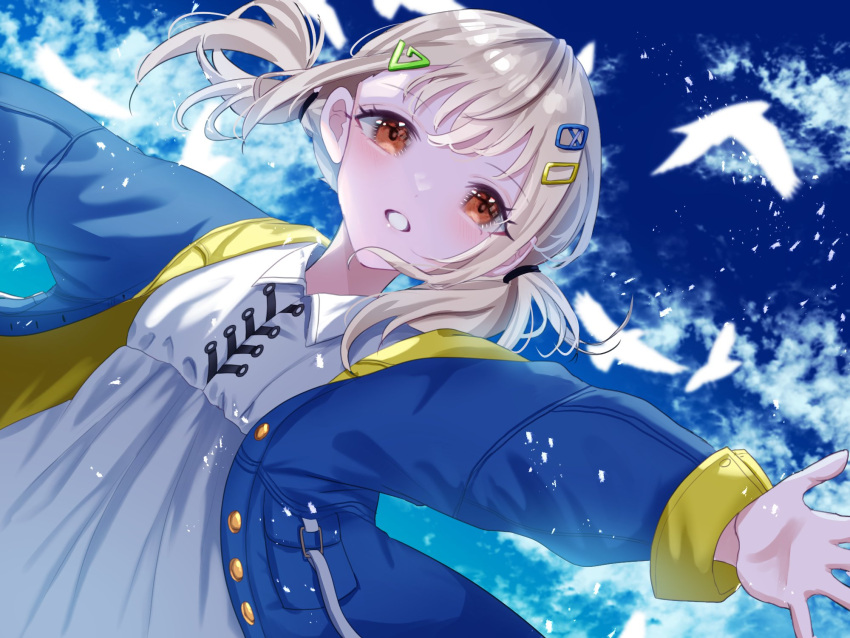 1girl, aoitenziku, azusawa_kohane, bird, blue_jacket, blue_sky, commentary, hair_flowing_over
