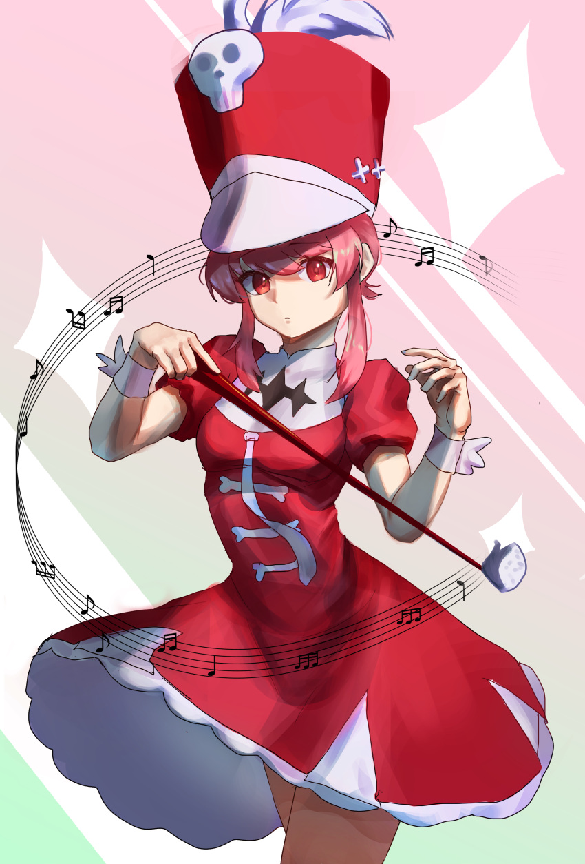 1girl, absurdres, alternate_color, breasts, cowboy_shot, dress, grey_background, hat_feather, hat_ornament, highres, holding, jakuzure_nonon, kill_la_kill, looking_at_viewer, medium_hair, muhae_(dcnh8882), musical_note, necktie, pink_hair, puffy_short_sleeves, puffy_sleeves, red_dress, red_eyes, red_headwear, short_sleeves, sidelocks, skull_hat_ornament, small_breasts, solo, two-tone_background, white_dress, white_necktie