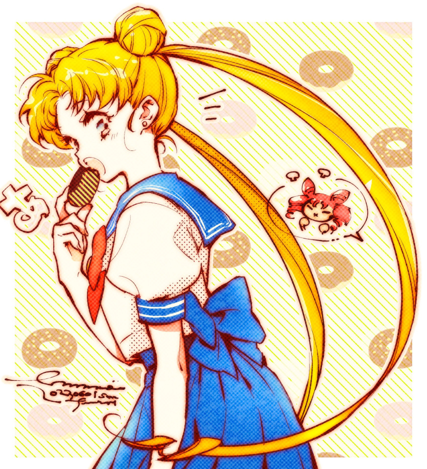 2girls, back_bow, bishoujo_senshi_sailor_moon, blonde_hair, blue_sailor_collar, blue_serafuku, blue_skirt, bow