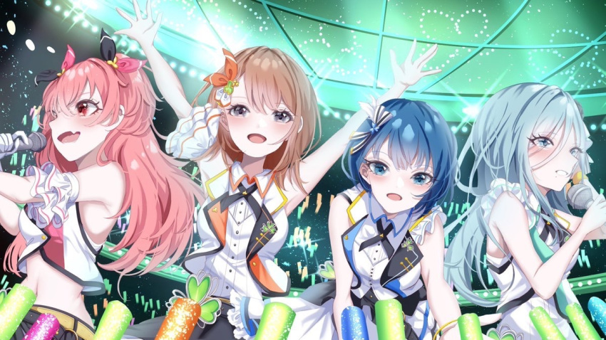 4girls, aoitenziku, arms_up, black_eyes, blue_eyes, blue_hair, bow, bowtie