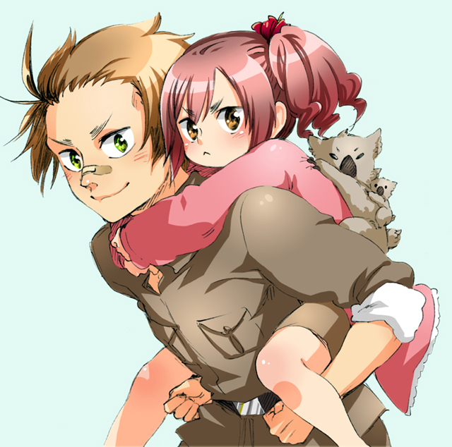 1boy, 1girl, animal, australia_(hetalia), axis_powers_hetalia, bandaid, blue_background, brown_eyes