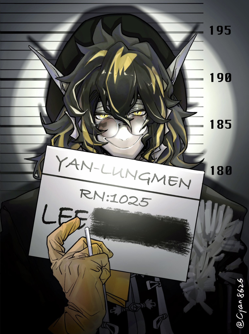 1boy, arknights, black_headwear, black_shirt, candy_stick, card, chinese_commentary, cyan8626
