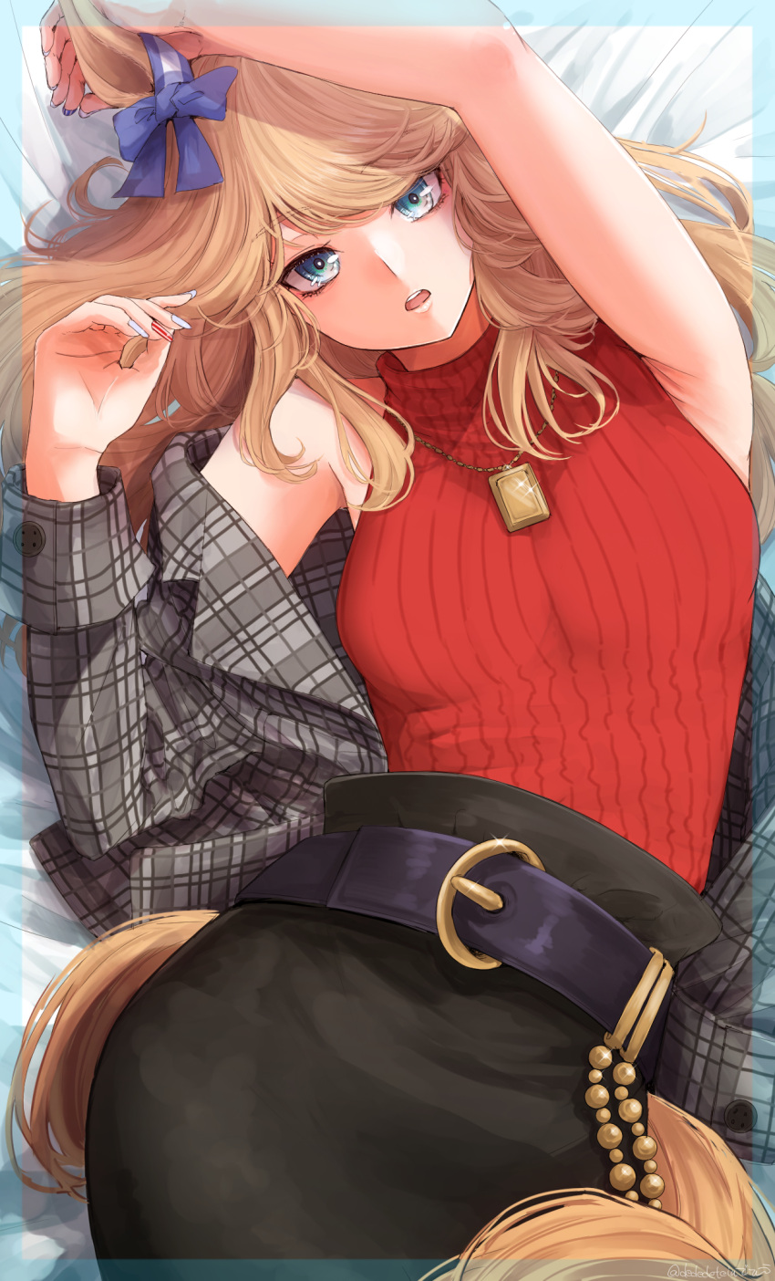1girl, animal_ears, belt, black_skirt, blonde_hair, blue_bow, blue_eyes, bow