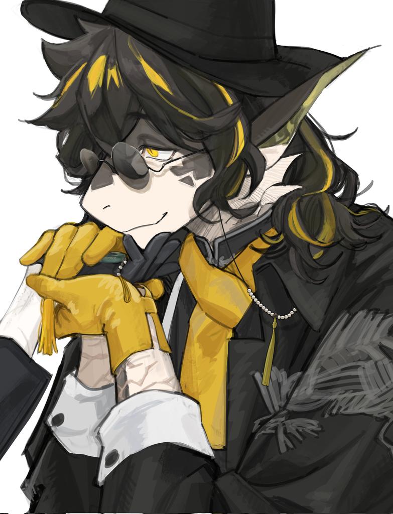 1boy, arknights, black_coat, black_headwear, black_shirt, chenjuee, chinese_commentary, coat, doctor_(arknights), dragon_boy, furry, furry_male, gloves, holding_hands, kiss, kissing_hand, lee_(arknights), long_hair, looking_at_another, male_focus, multicolored_hair, pointy_ears, round_eyewear, scarf, shirt, white_background, yellow_gloves, yellow_scarf