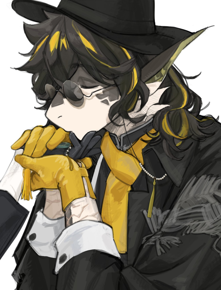 1boy, arknights, black_coat, black_headwear, black_shirt, chenjuee, chinese_commentary, closed_eyes