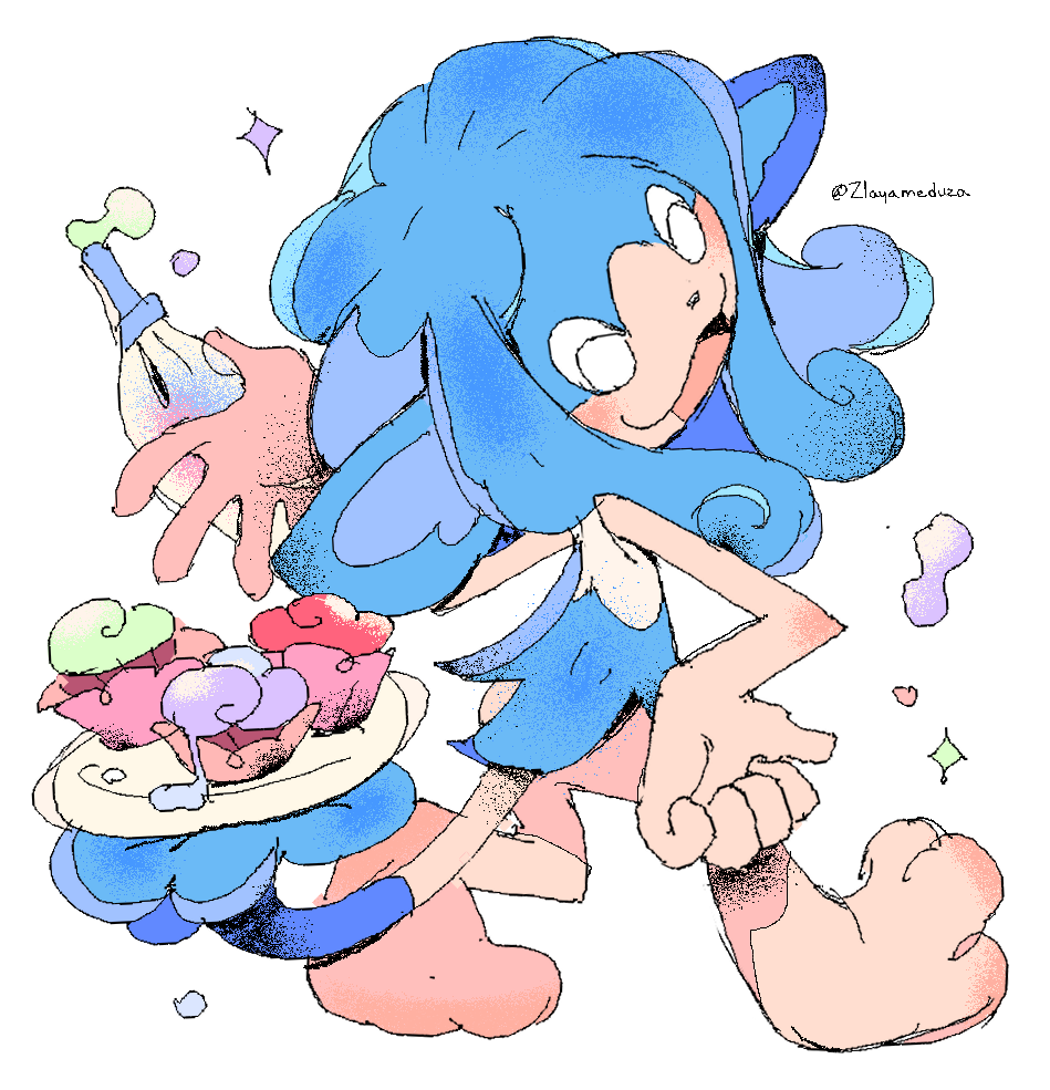 artist_name, closed_eyes, commentary, cupcake, food, food_on_tail, full_body, holding, no_humans, open_mouth, plate, pokemon, pokemon_(creature), simipour, simple_background, smile, solo, standing, tail, white_background, zlayameduza
