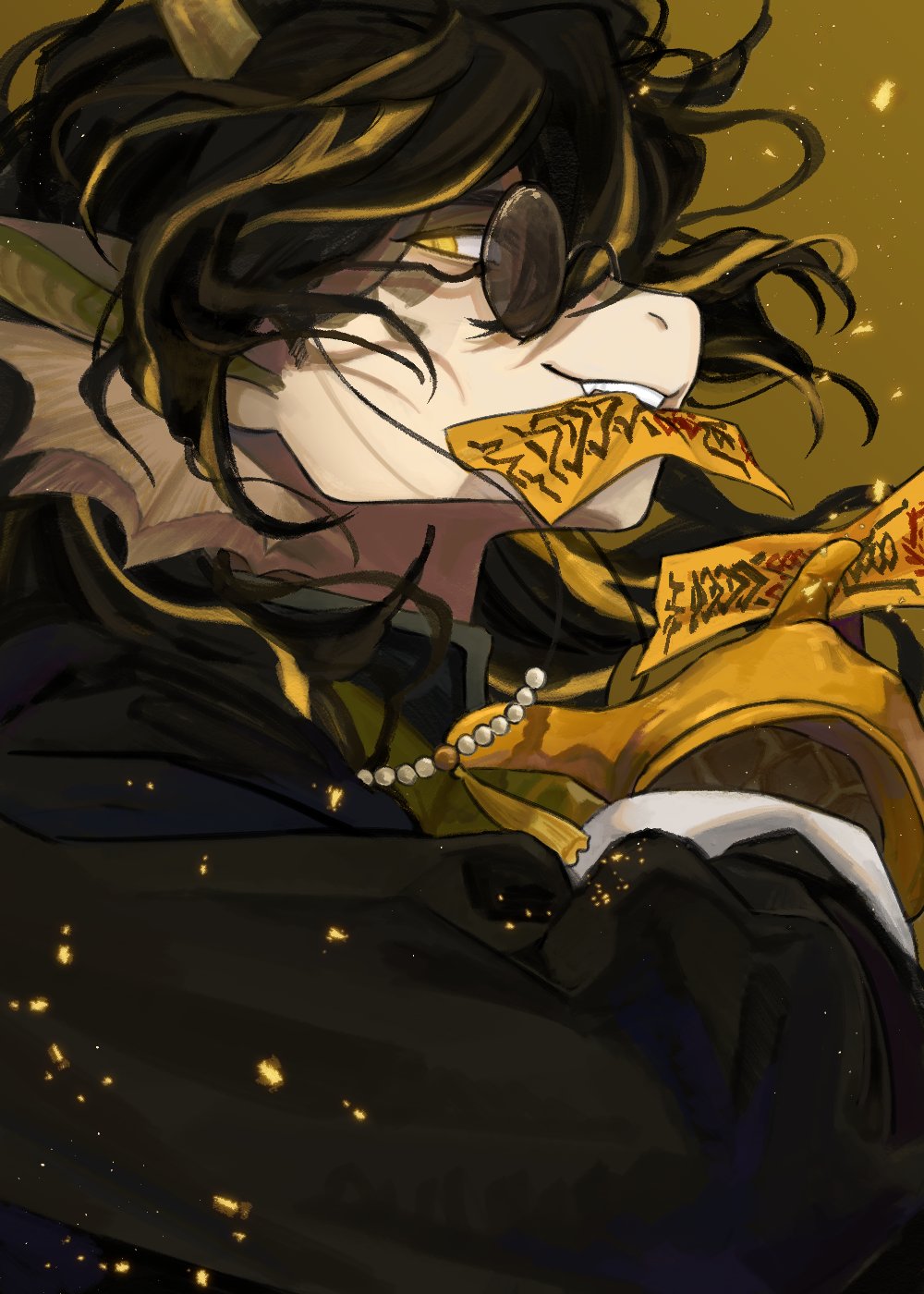 1boy, arknights, black_coat, chenjuee, coat, dragon_boy, dragon_horns, furry, furry_male, gloves, highres, holding, holding_paper, horns, lee_(arknights), long_hair, looking_at_viewer, male_focus, multicolored_hair, paper, paper_in_mouth, pointy_ears, profile, round_eyewear, solo, talisman, yellow_background, yellow_gloves