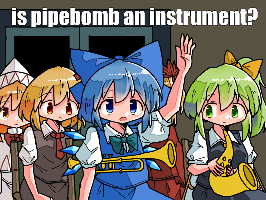 5girls, :o, aki_shizuha, arm_up, black_vest, blonde_hair, blue_bow, blue_bowtie