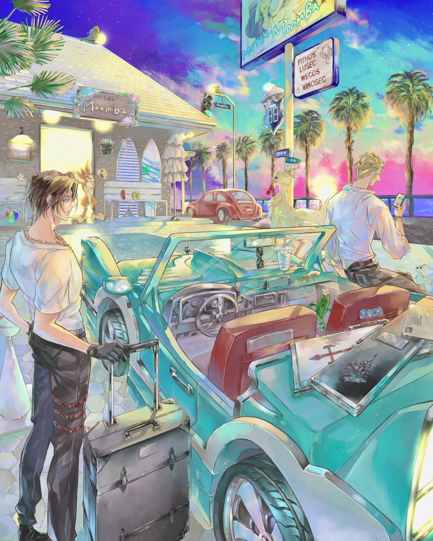 2boys, aqua_car, ball, beachball, billboard, bird, black_footwear, black_gloves