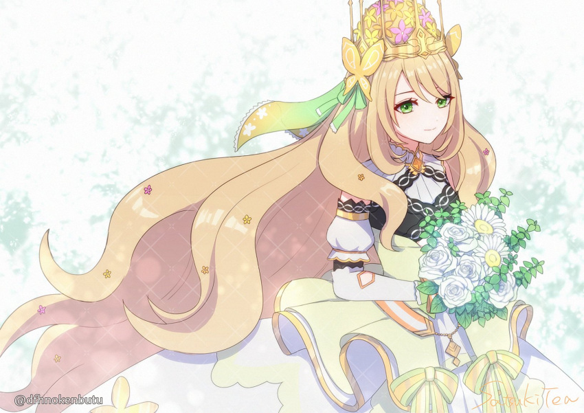 1girl, blonde_hair, butterfly_hair_ornament, celine_(fire_emblem), closed_mouth, crown, dfhnokenbutu, dress