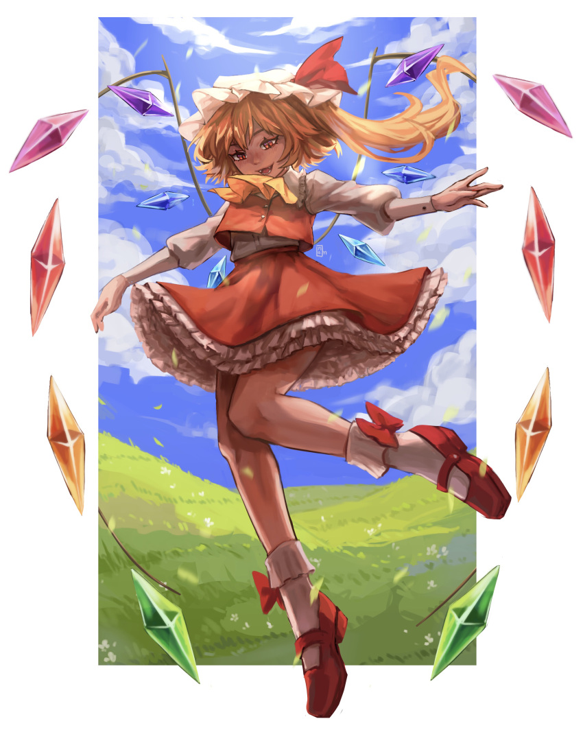 1girl, :d, absurdres, adapted_costume, arms_up, ascot, bare_legs, blush