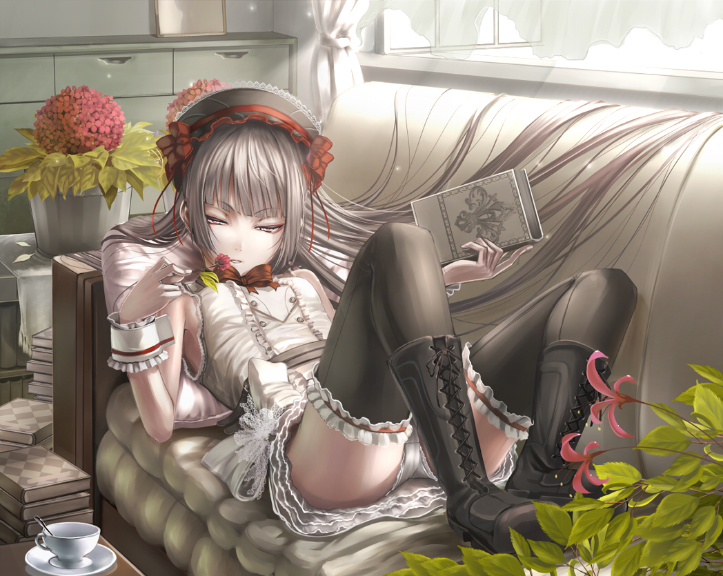 1girl, blunt_bangs, book, boots, bow, couch, cross-laced_footwear, cup
