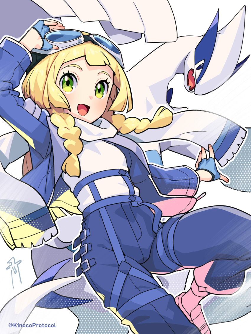 1girl, :d, adjusting_goggles, arm_up, blonde_hair, blue_jacket, blue_pants, braid, commentary_request, cosplay, ethan_(pokemon), ethan_(pokemon)_(cosplay), ethan_(sygna_suit)_(pokemon), eyelashes, fingerless_gloves, floating_scarf, gloves, goggles, goggles_on_head, green_eyes, highres, jacket, kinocopro, lillie_(pokemon), long_hair, lugia, open_clothes, open_jacket, open_mouth, pants, pokemon, pokemon_(creature), pokemon_(game), pokemon_masters_ex, pokemon_sm, scarf, shirt, smile, tongue, twin_braids, twitter_username, watermark, white_scarf, white_shirt